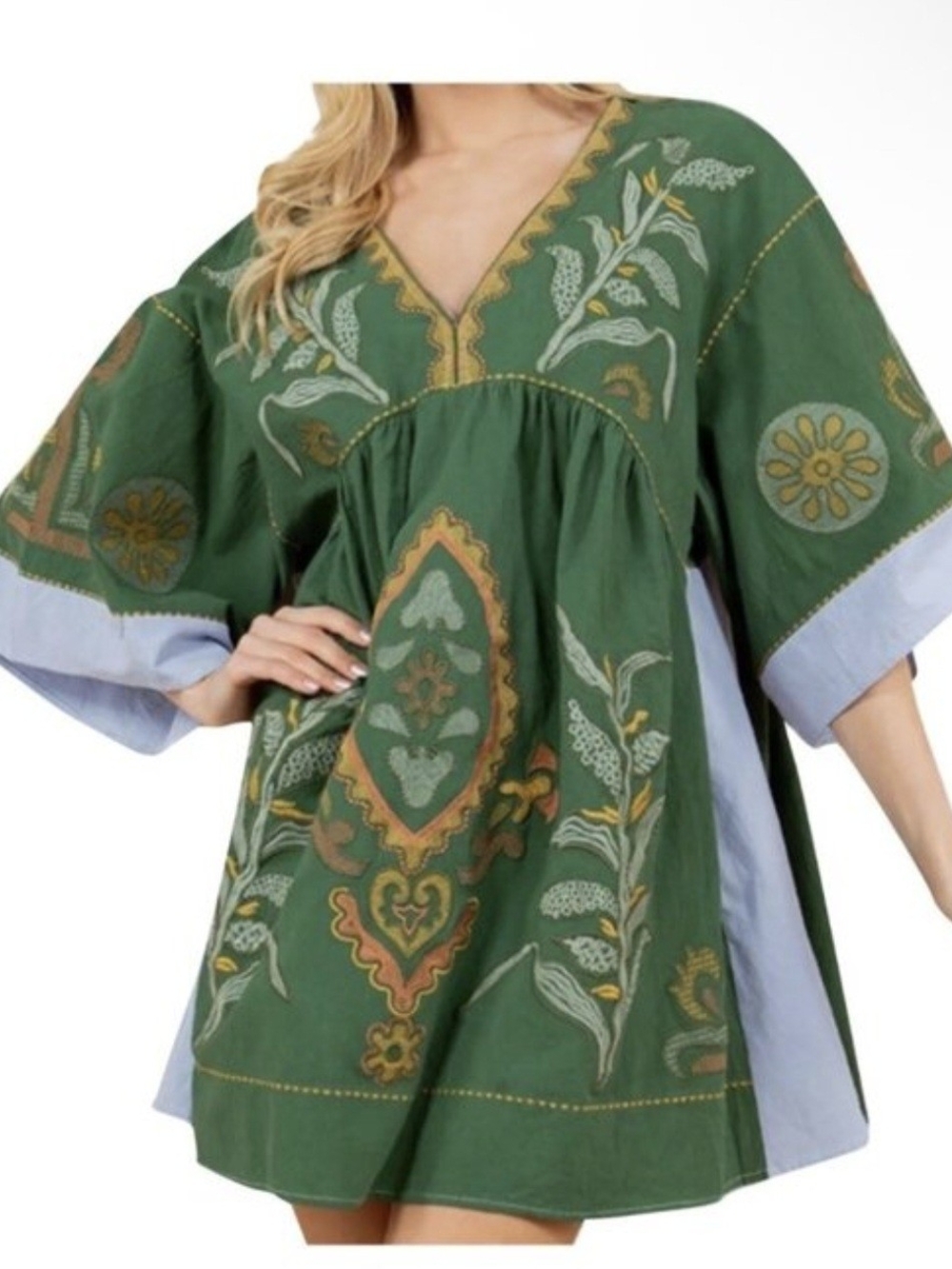 Sunday Green Embroidered Mini Dress with Gold & Light Blue Panels